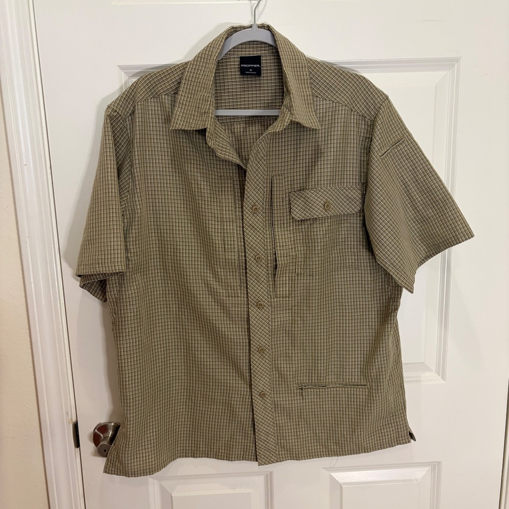 Propper Mens Tactical Short Sleeve Button Down Shirt Tan Green Plaid Size Medium